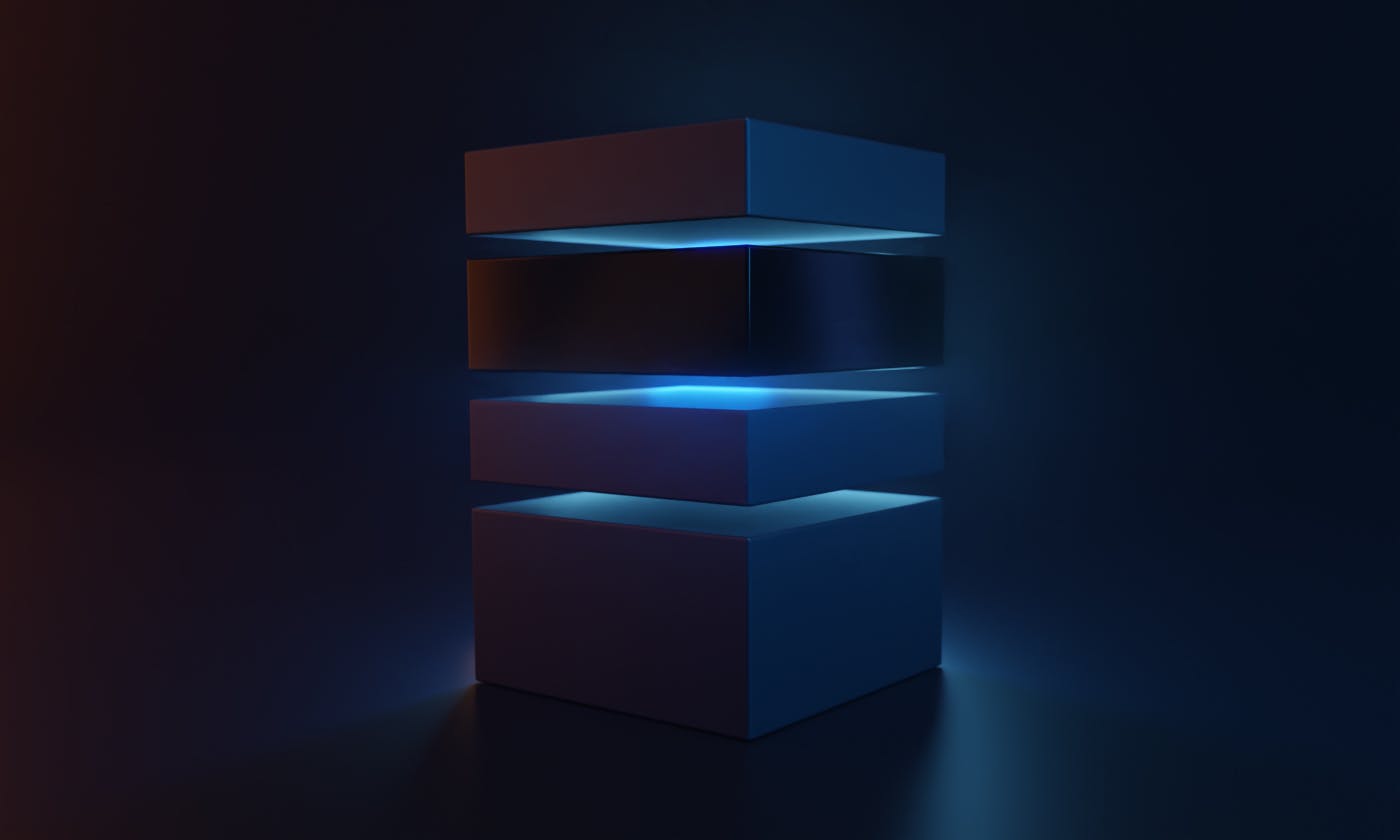Geometric stack of glowing blocks on black background | Cover image for Pipe's Guide to building your startup's capital stack
