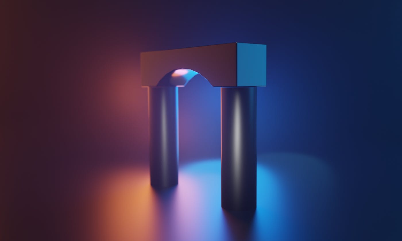 A 3D figure of a strong archway on a colorful spotlit background