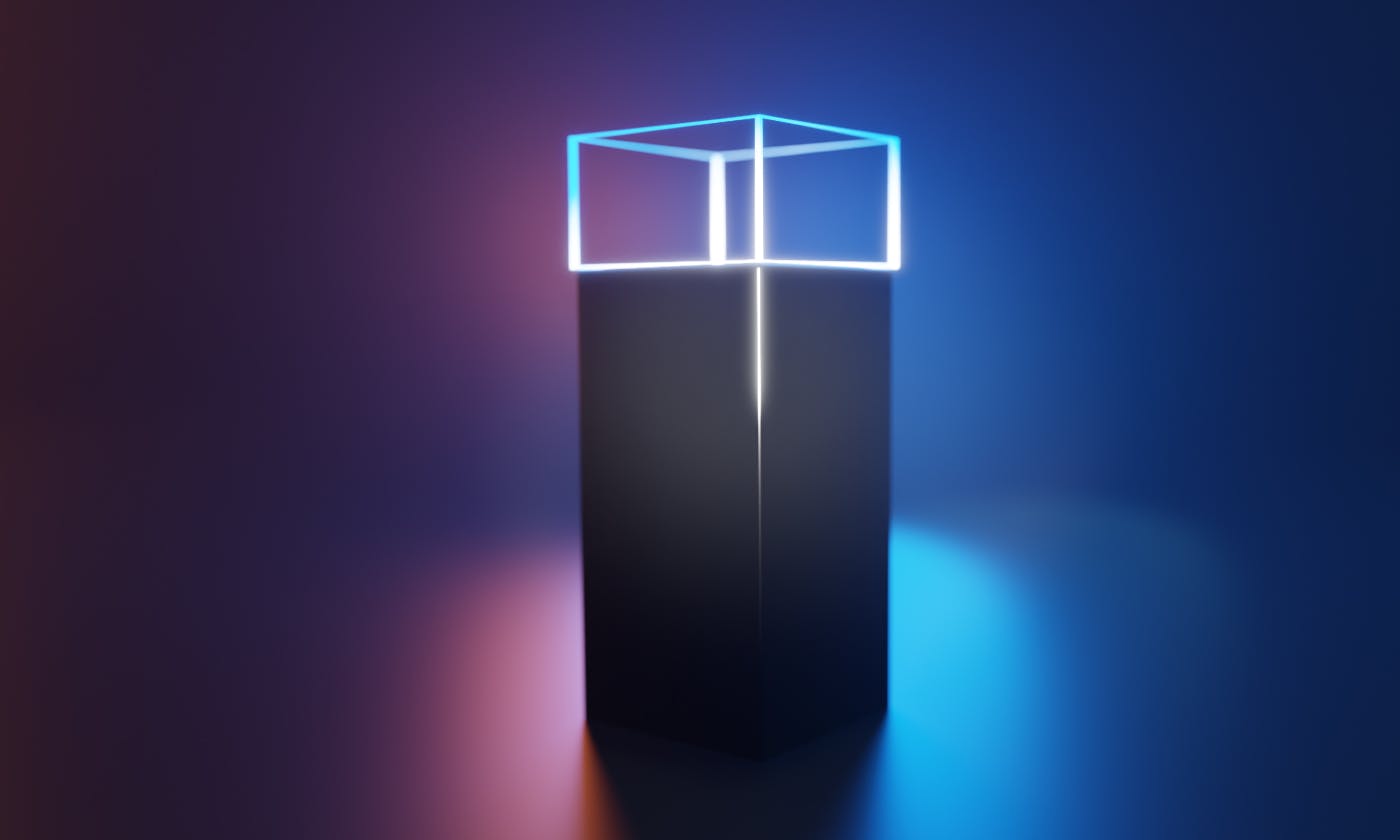 An opaque 3D tower with a transparent top on a colorful spotlight background 